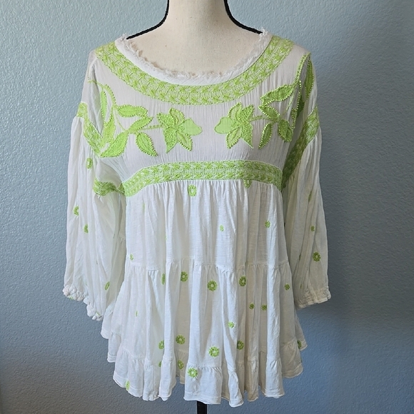 FREE PEOPLE Edie Embroidered Beads Pheasant Blouse White Boho Cottagecore Small - Picture 2 of 16
